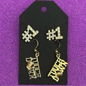 Gold Touchdown Dangle Earrings and #1 studs with rhinestones